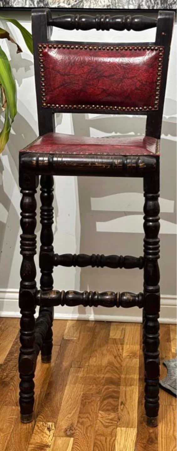 2-Vintage Bar Stools- Red Faux Leather & Dark Wood - photo 4