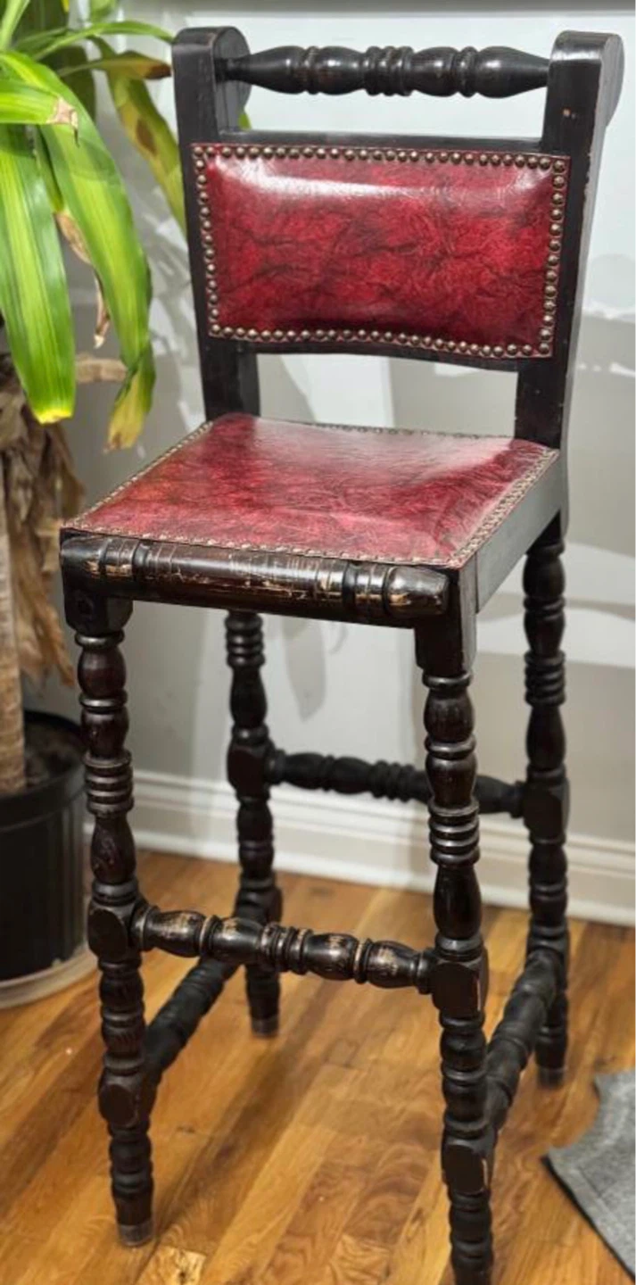 2-Vintage Bar Stools- Red Faux Leather & Dark Wood