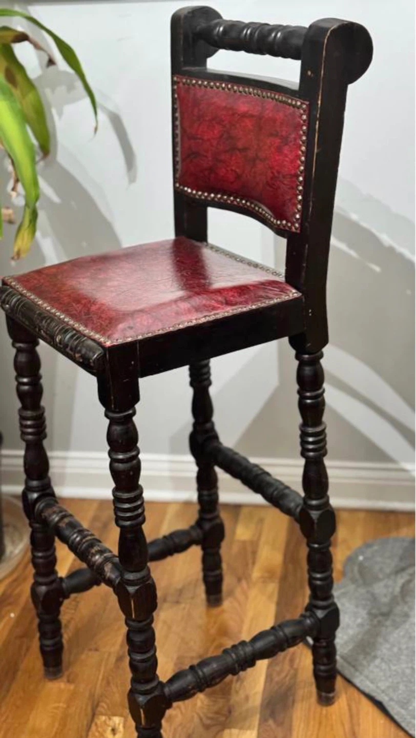 2-Vintage Bar Stools- Red Faux Leather & Dark Wood - photo 3