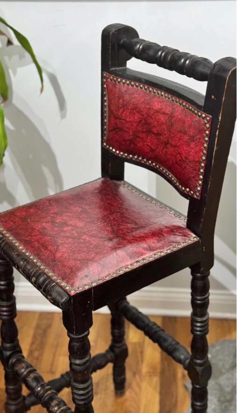 2-Vintage Bar Stools- Red Faux Leather & Dark Wood - photo 2