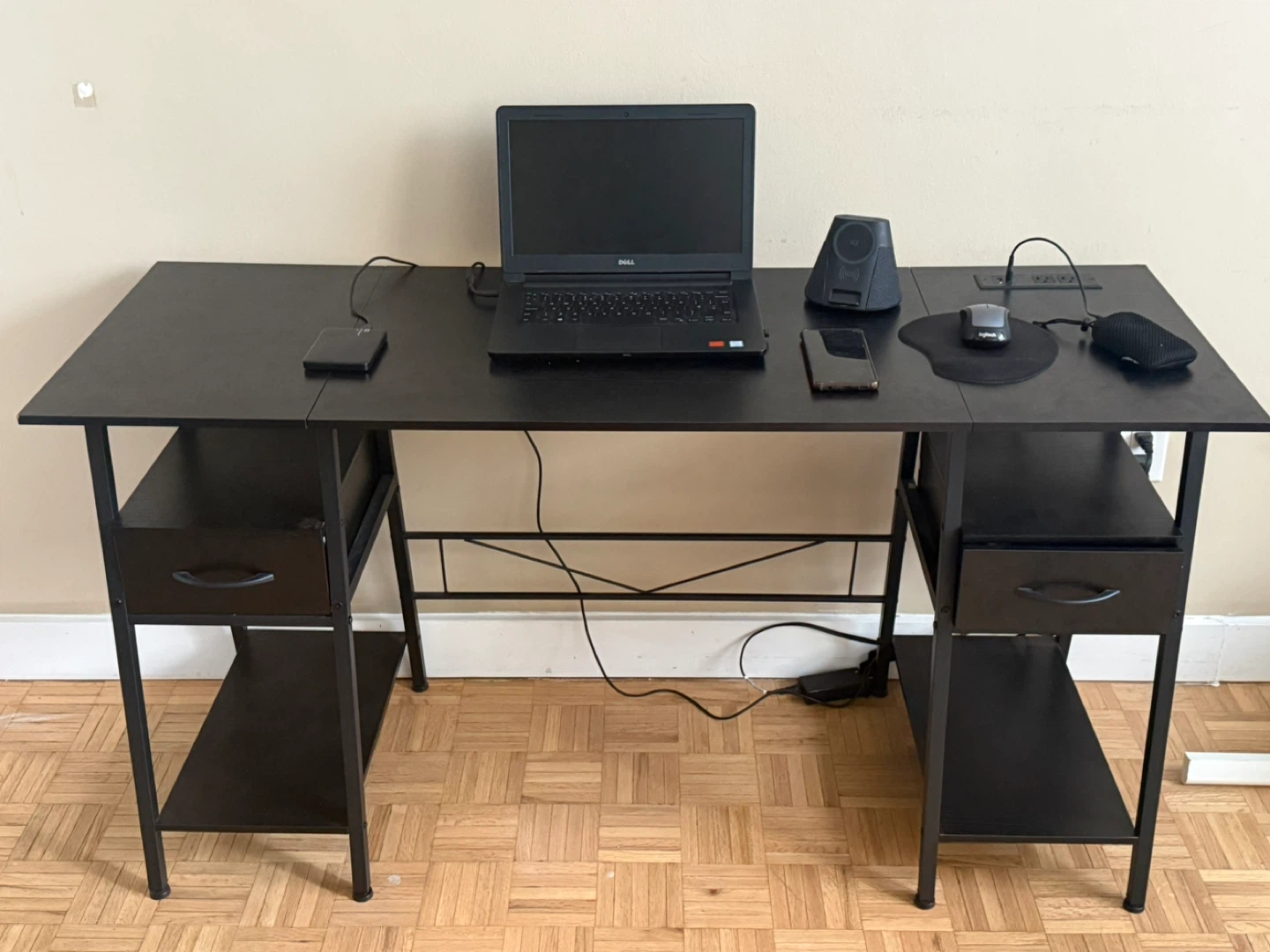 Black Computer Desk with Built-in Outlets and Drawers