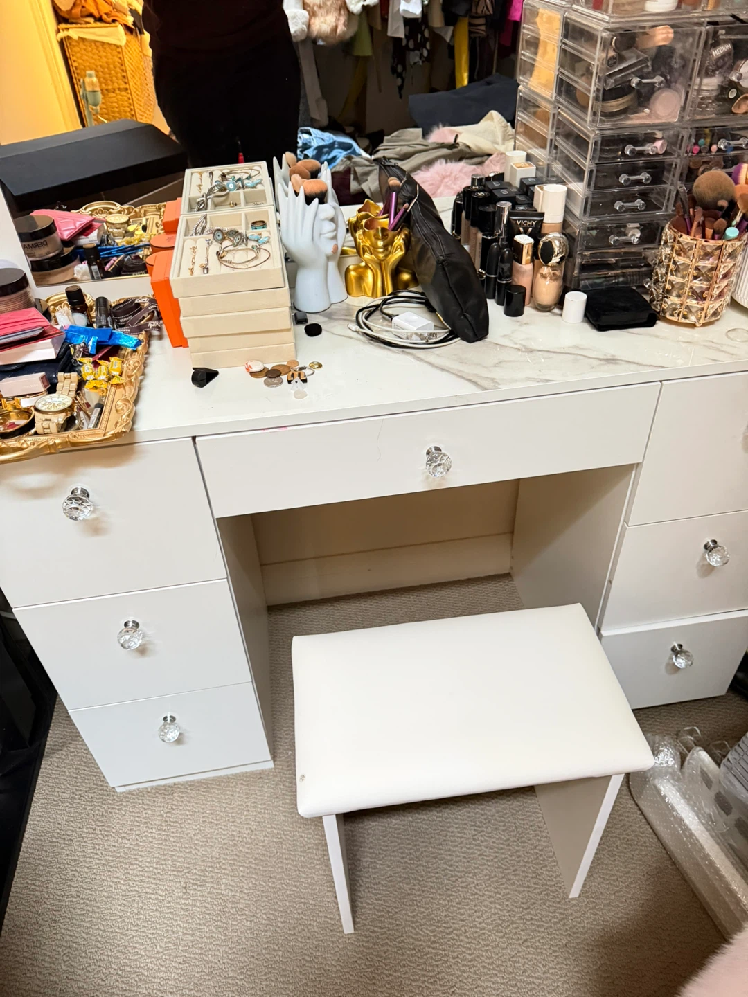 White Vanity Table with Lights and Stool with 7 Storages - photo 5
