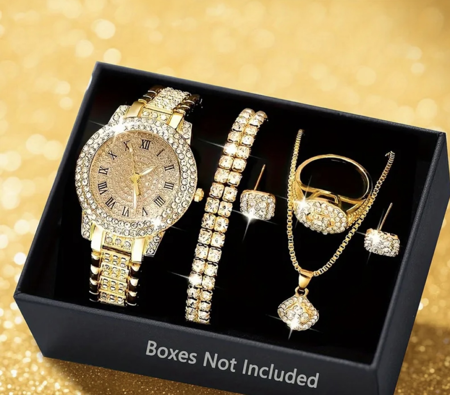 Gold Tone Rhinestone Watch and Jewellery Set