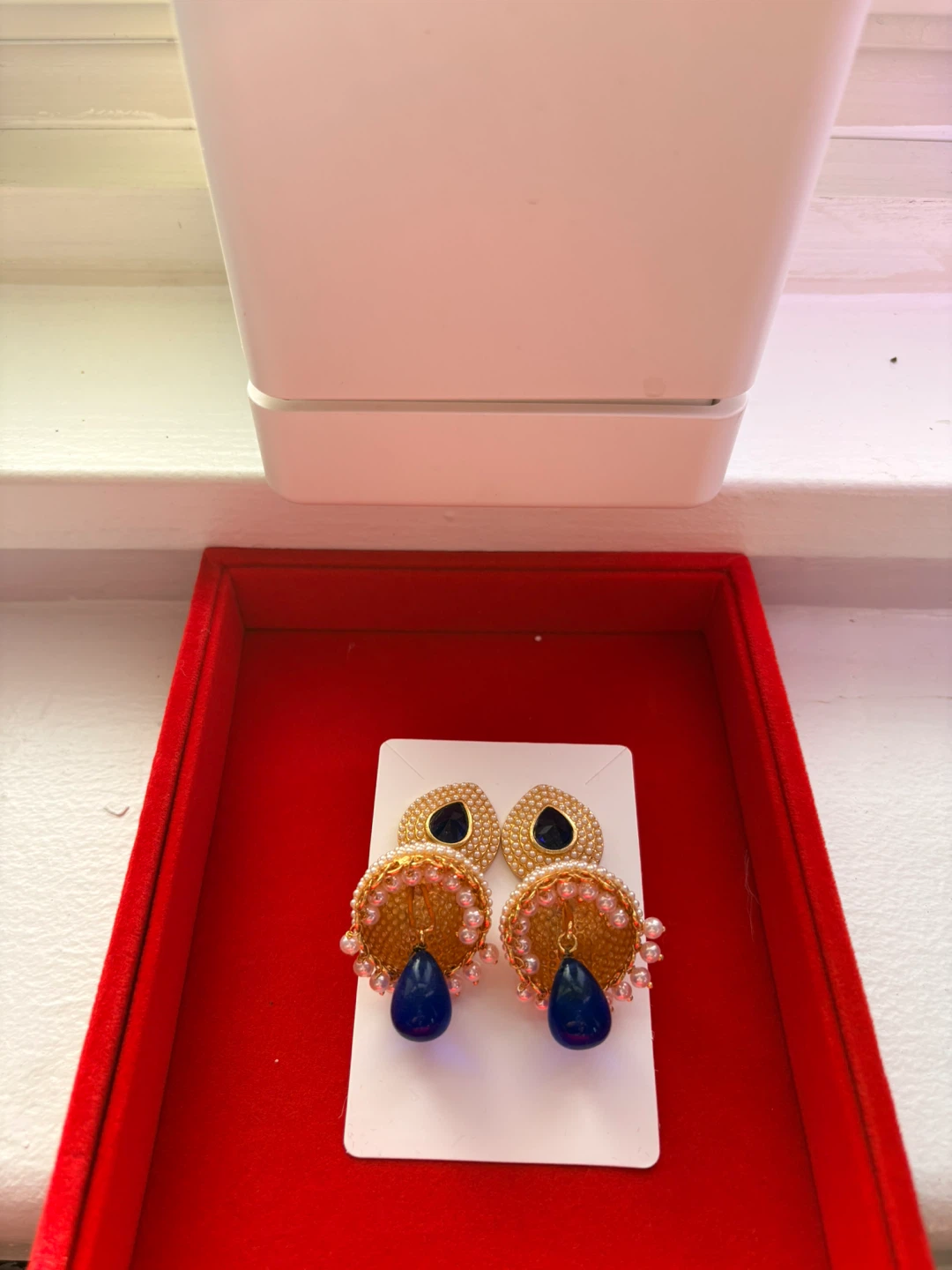 Gold Jhumka Earrings with Blue Beads and Pearls
