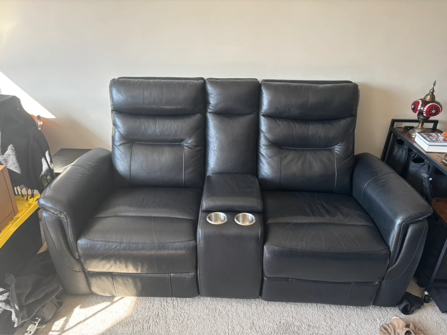Black Leather Loveseat Recliner with Cup Holders and Storage