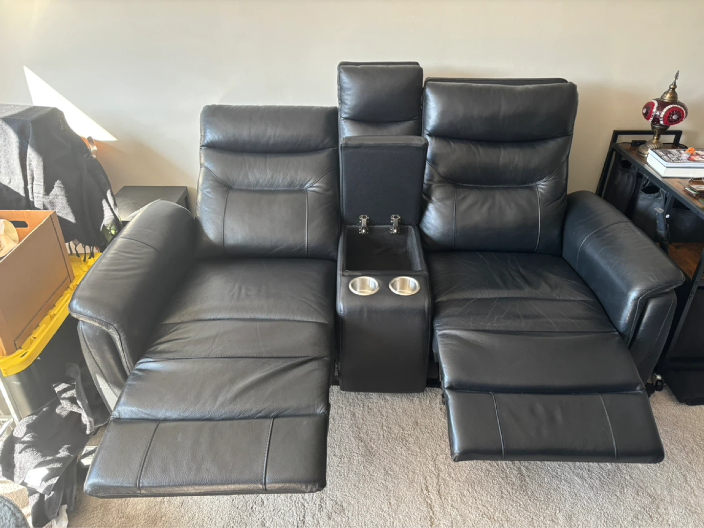 Black Leather Loveseat Recliner with Cup Holders and Storage - photo 3