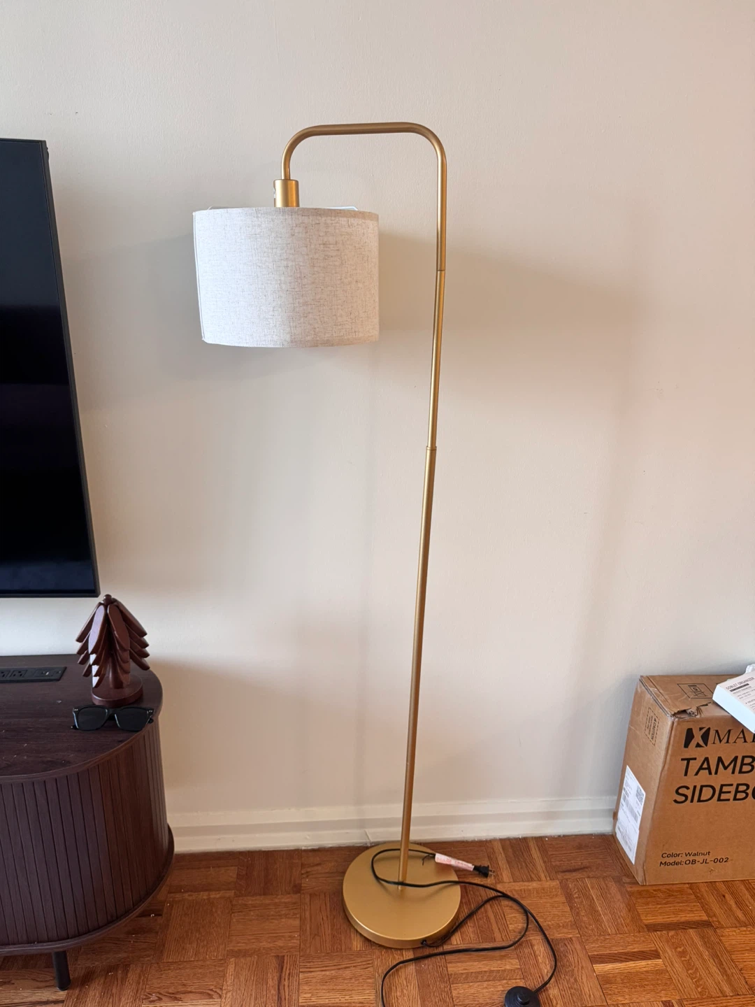 Gold Arc Floor Lamp with White Linen Shade