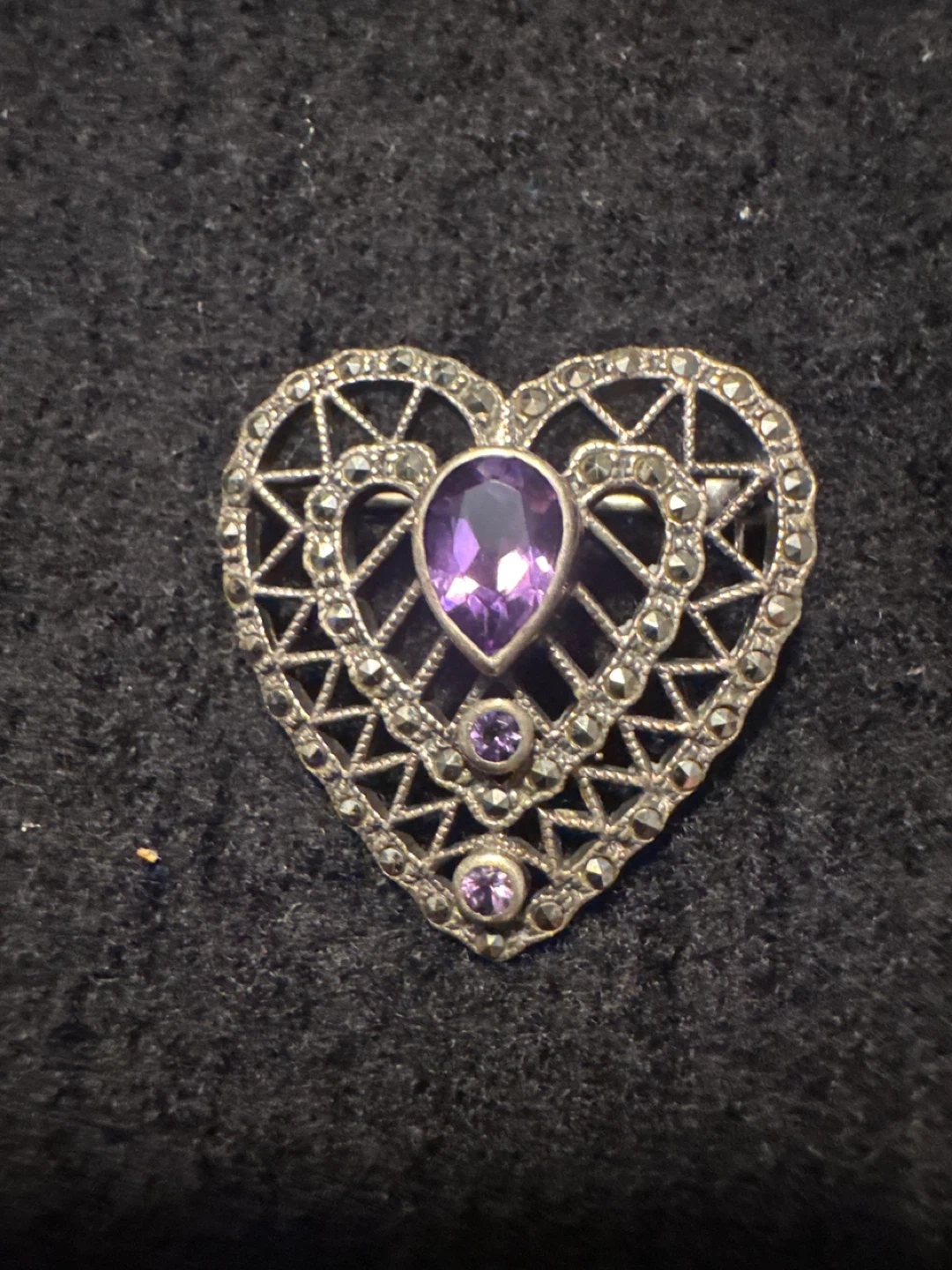 Silver Heart Brooch with Purple Gemstones and Marcasite