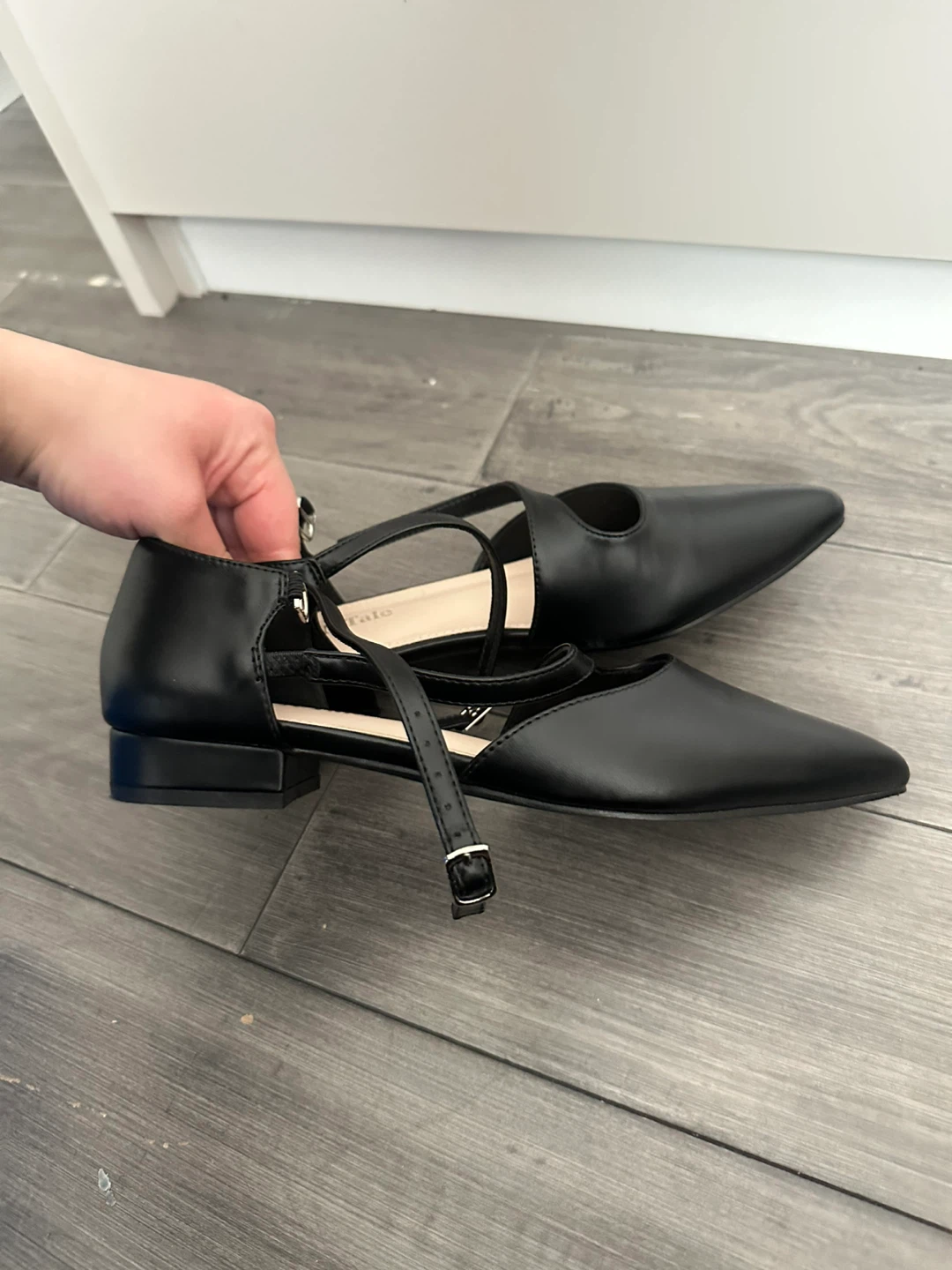 Black Faux Leather Pointed Toe Flats with Ankle Strap - photo 2