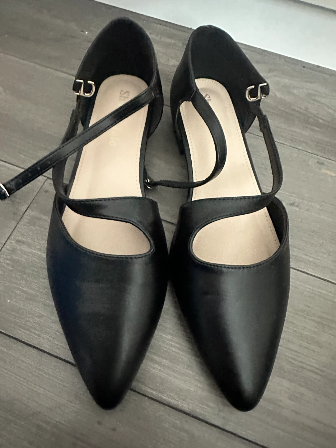 Black Faux Leather Pointed Toe Flats with Ankle Strap