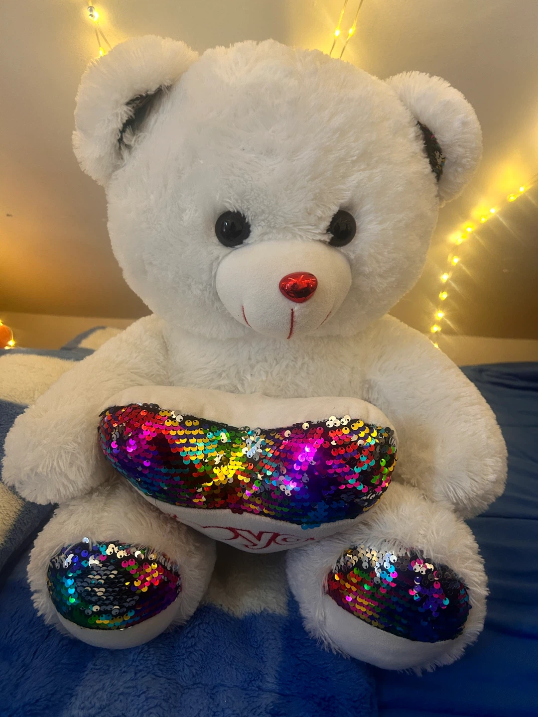 White Teddy Bear with Rainbow Sequin Heart