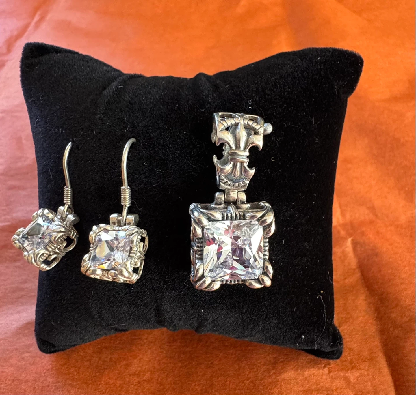 Silver Tone Pendant and Earrings Set with Clear Gems