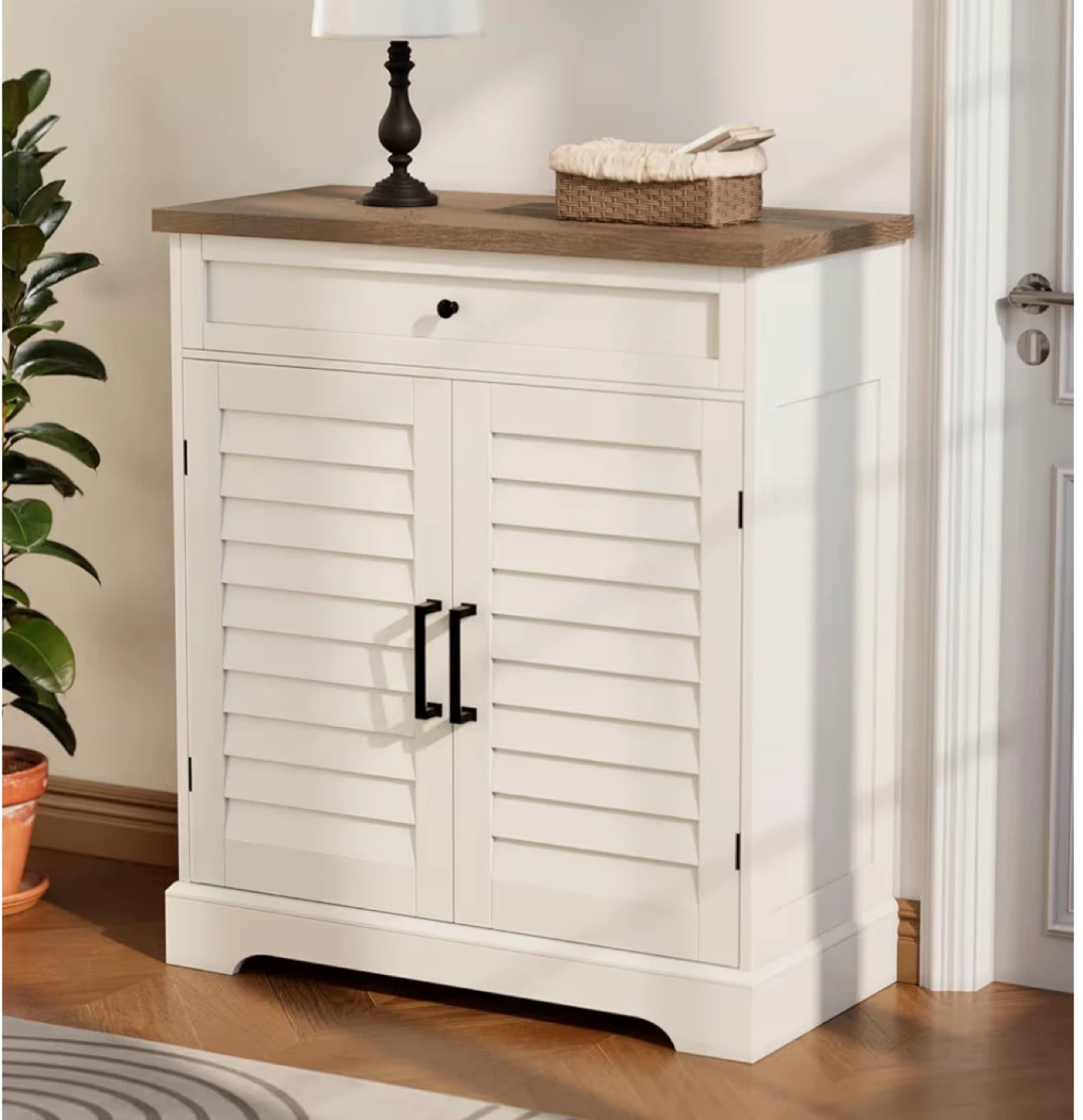 White  Shoe Cabinet with Brown Top (ASSEMBLED)