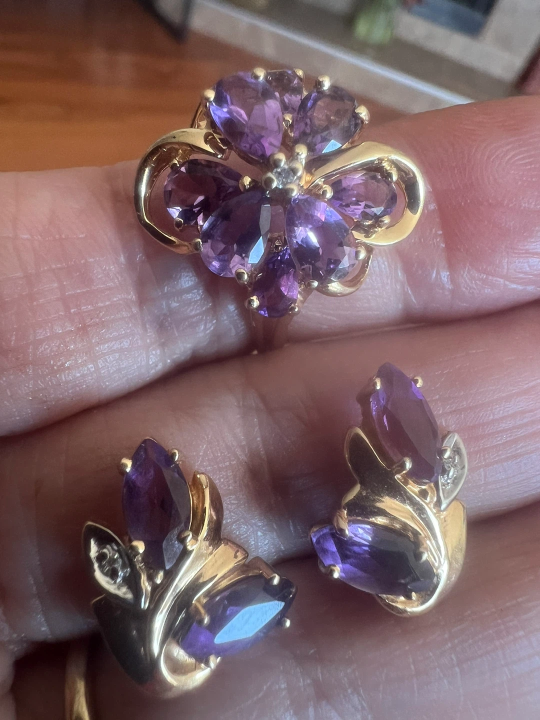 14 k Gold Amethyst and Diamond Ring and Earrings Set