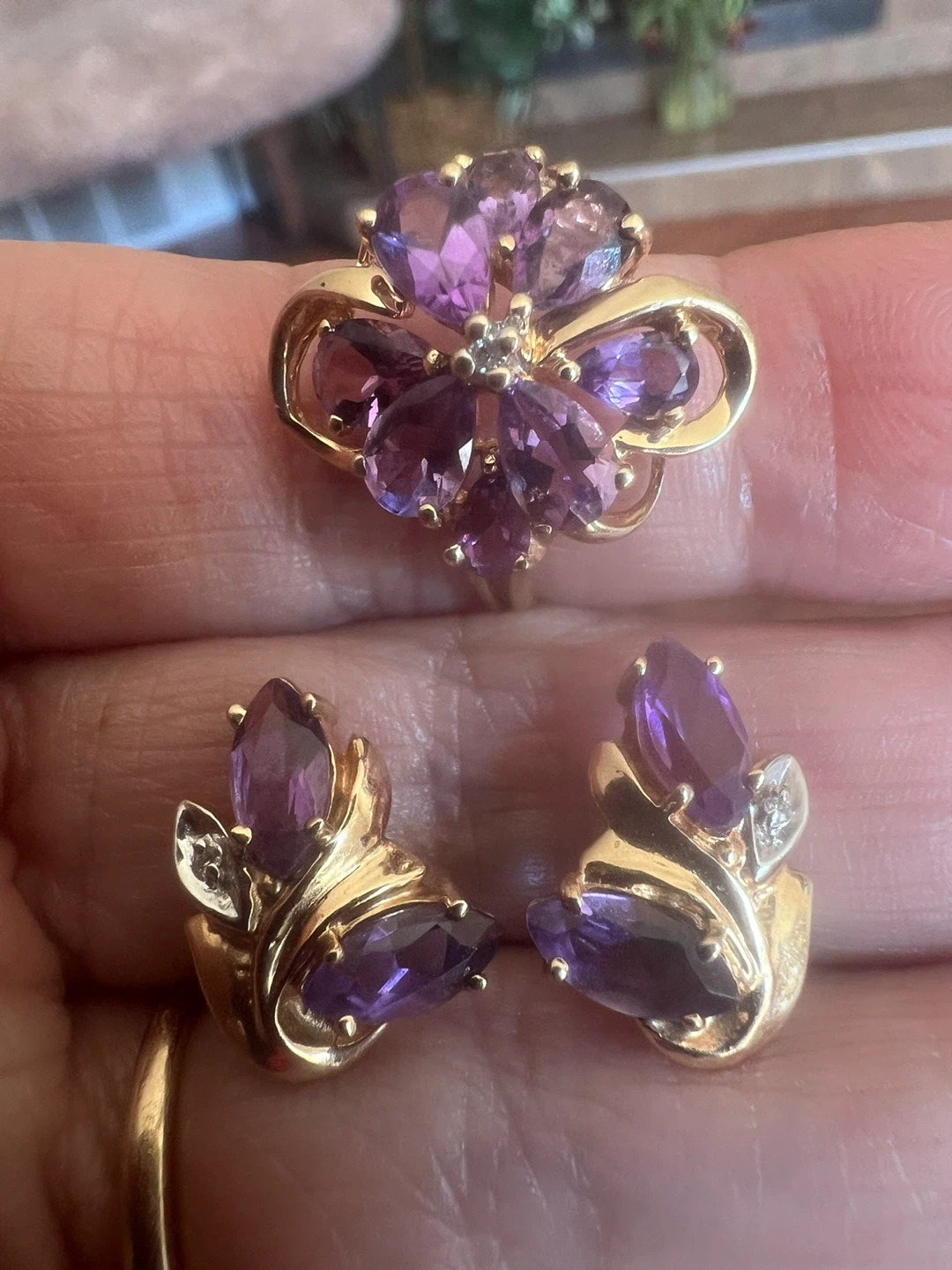14 k Gold Amethyst and Diamond Ring and Earrings Set - photo 2