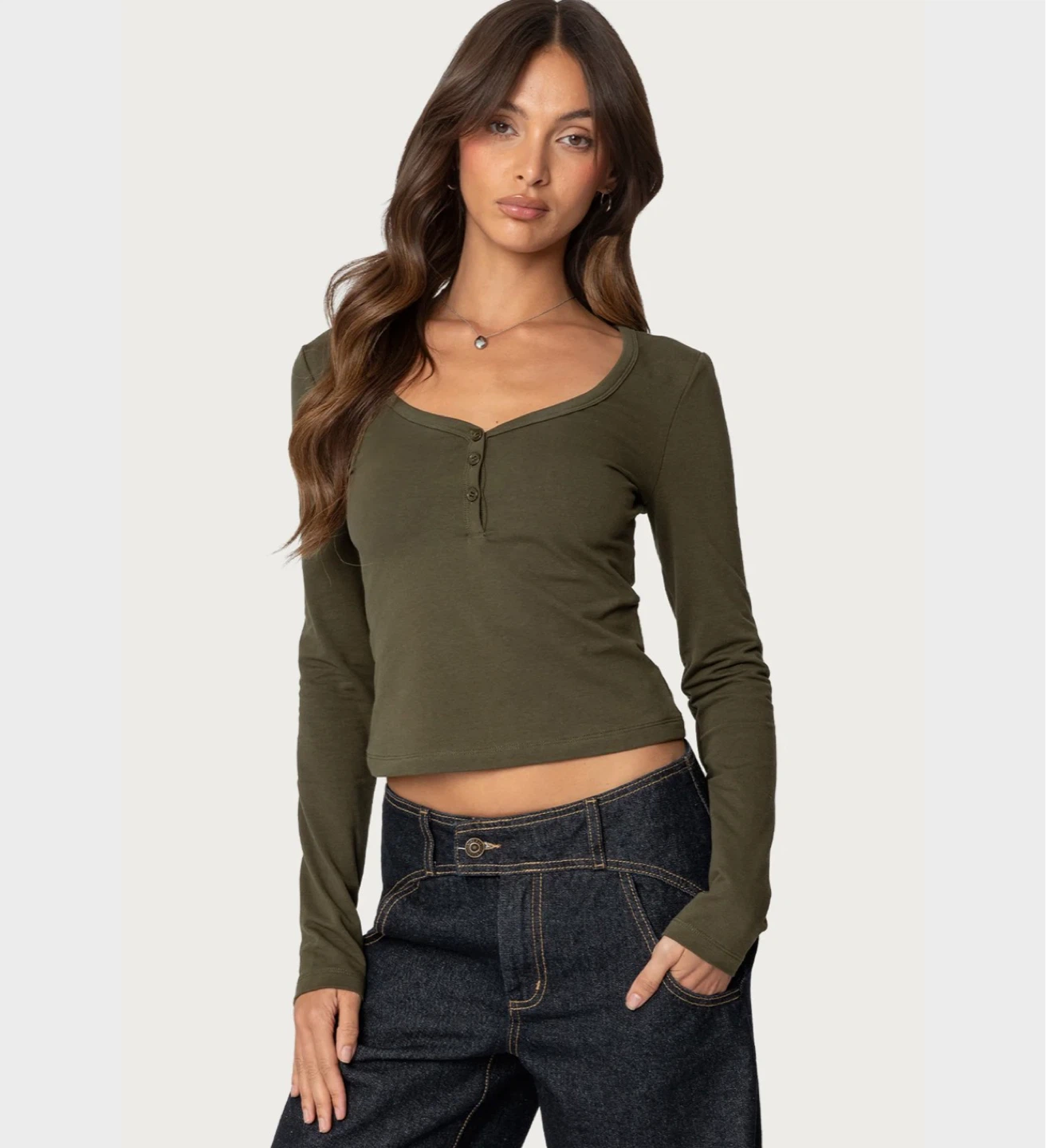 Edikted Leah Henley Top - Olive green XS