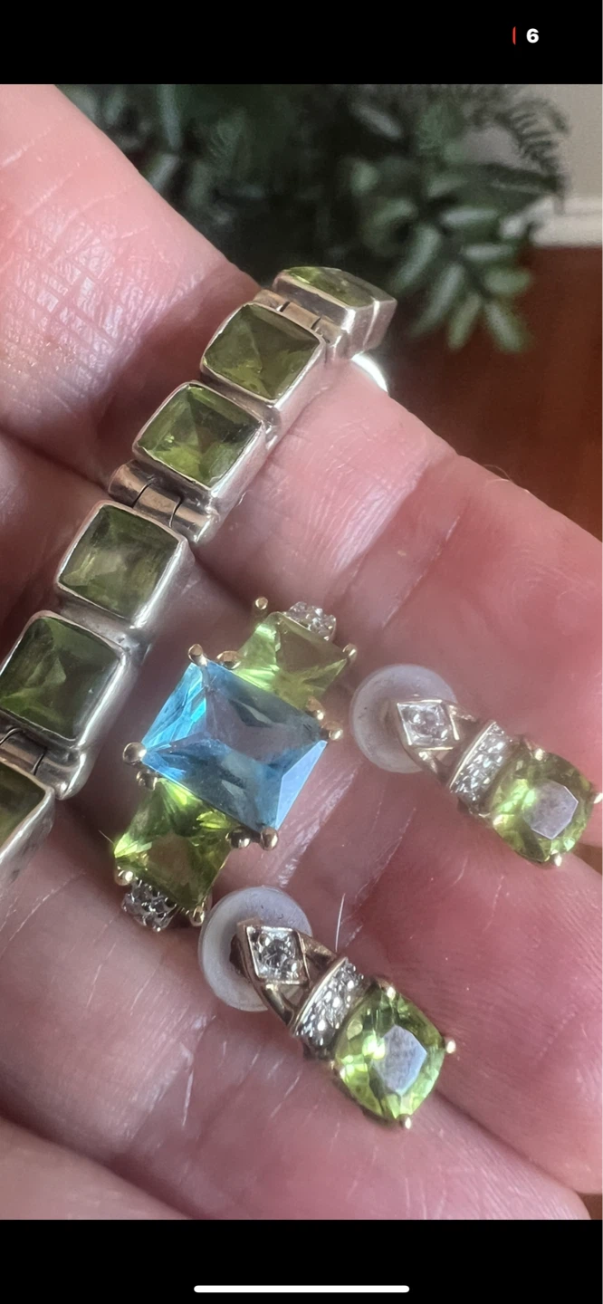 10 k Peridot and Blue Topaz Gemstone Bracelet and Earrings Set