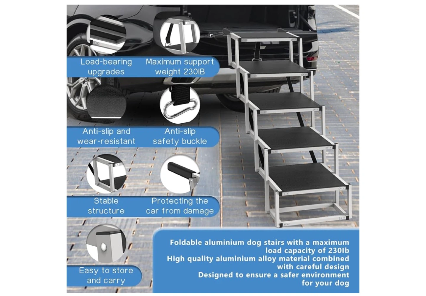 Foldable Aluminum Dog Stairs - 230lb Max Load