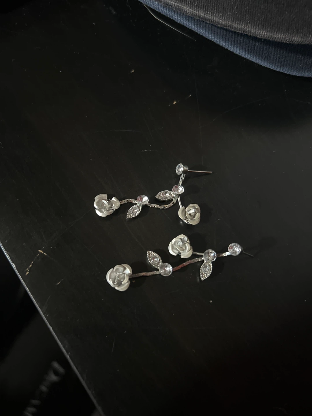 Silver Flower Drop Earrings with Rhinestones