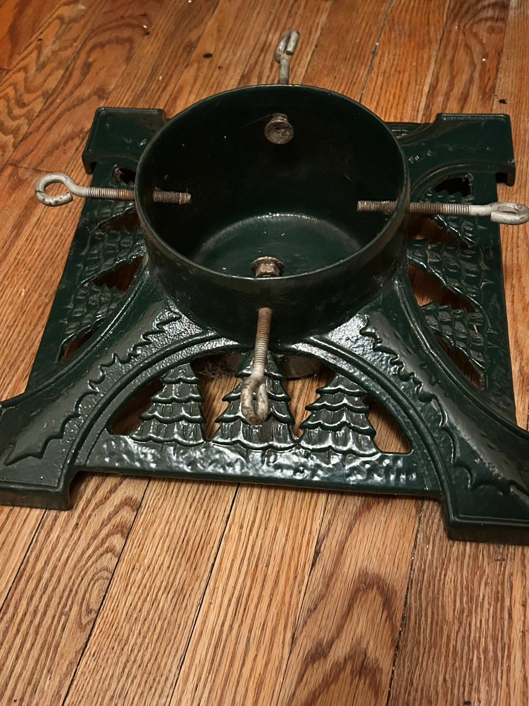 Dark Green Metal Christmas Tree Stand with Ornate Design
