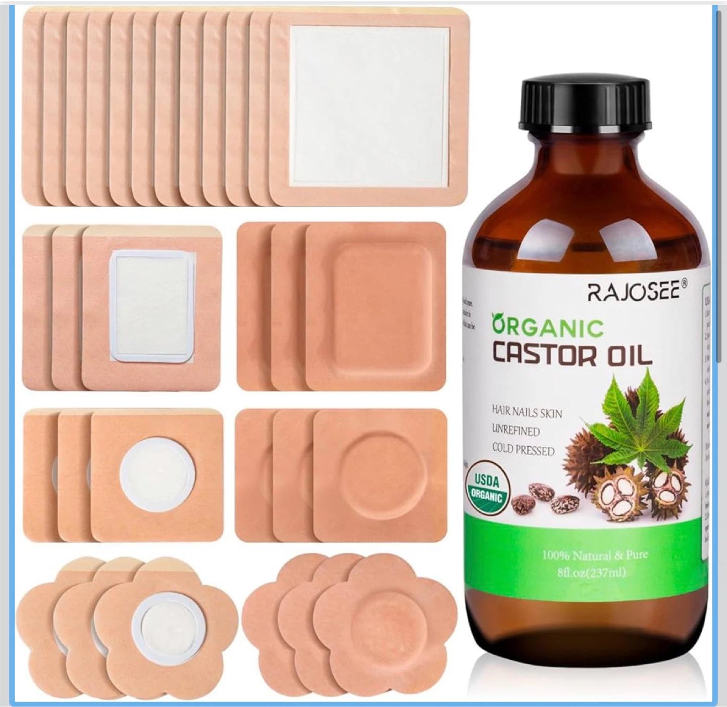 RAJOSER Organic Castor Oil with Disposable Eye Patches