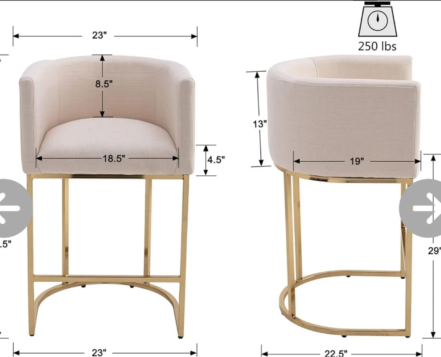 Cream Upholstered Counter Stool with Gold Metal Frame - photo 2