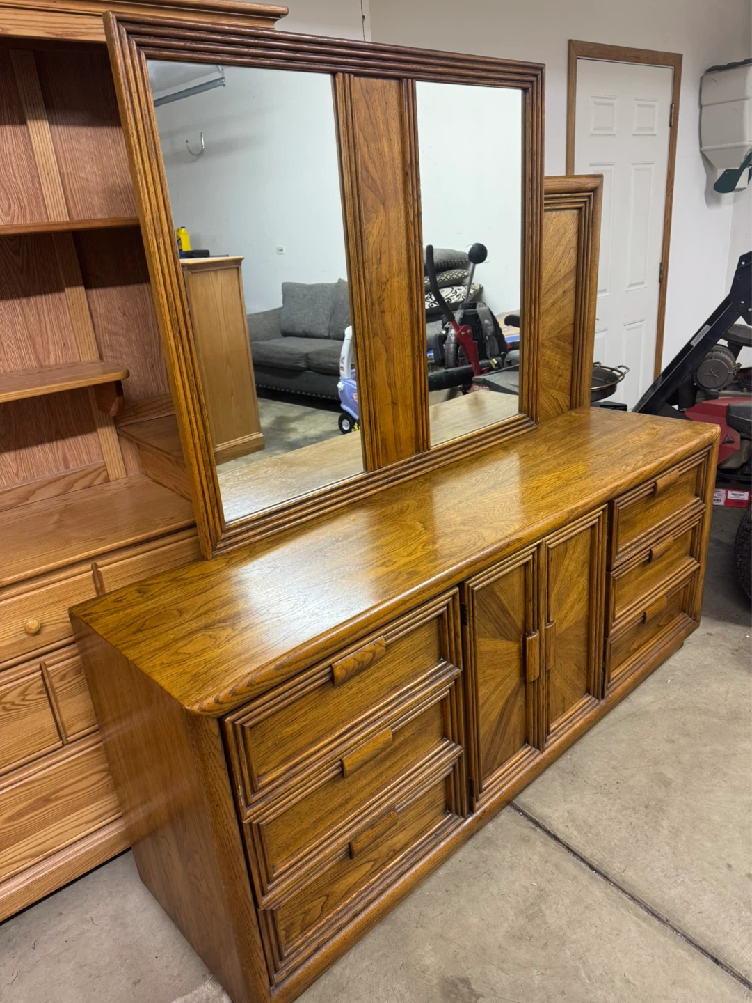 Vintage Wooden Dresser with Tri-fold Mirror