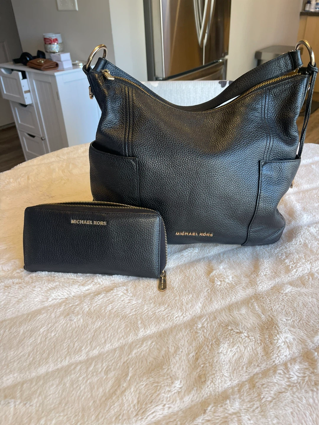 Michael Kors Black Leather Hobo Bag and Wallet Set