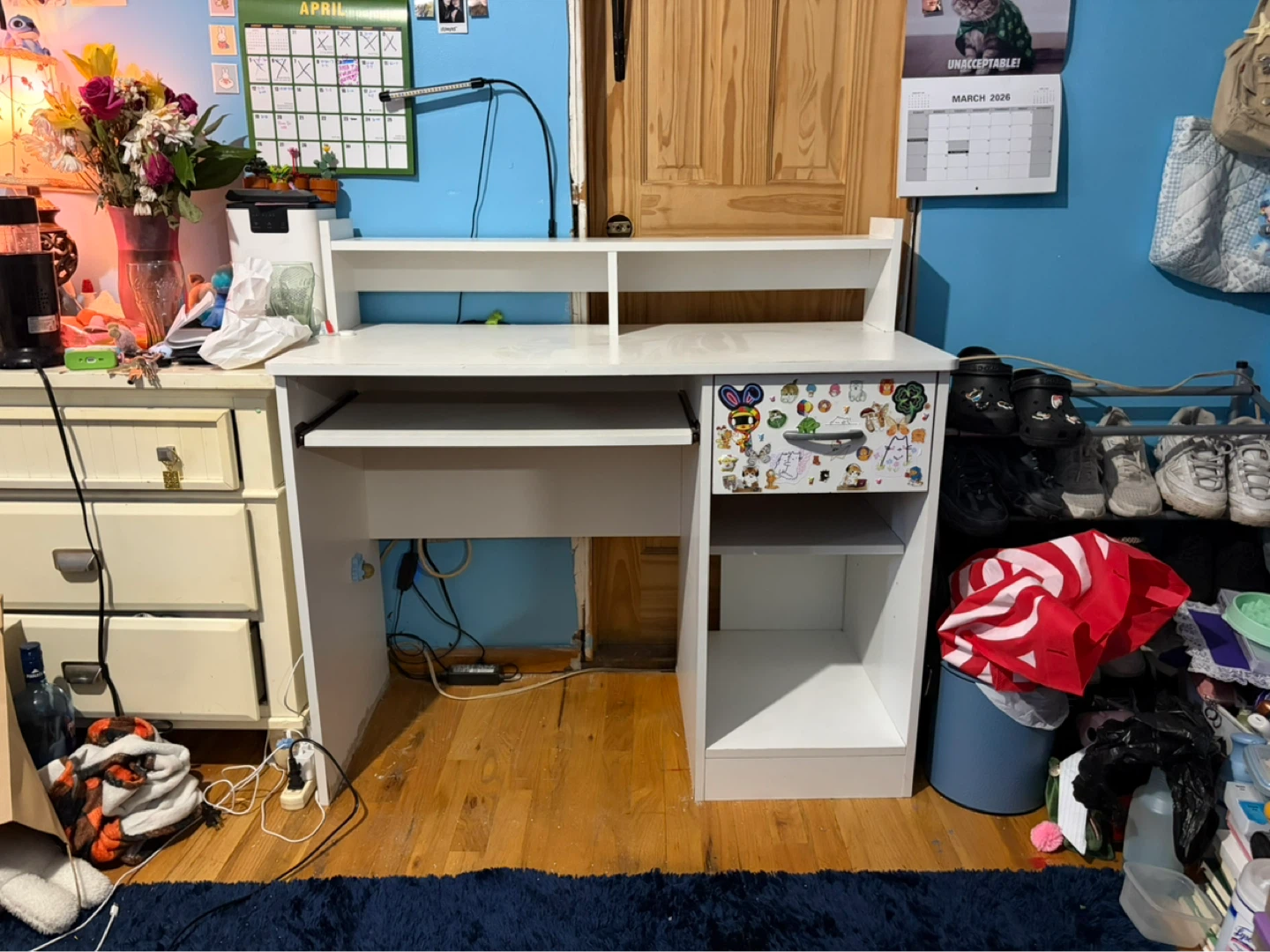 White desk with sticker drawer