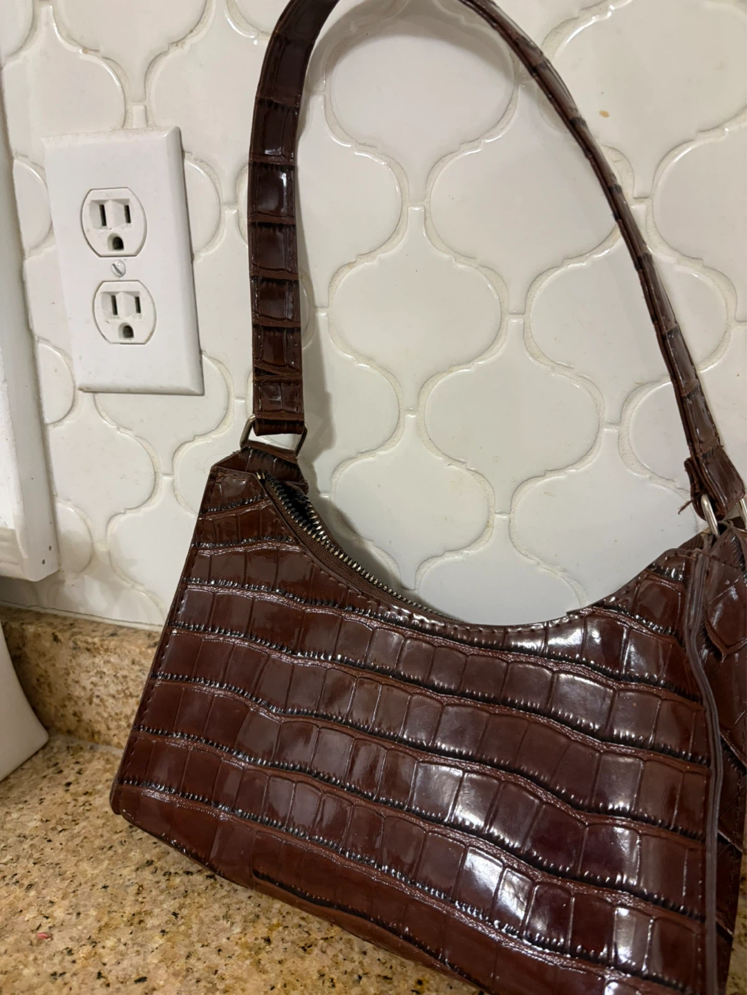 Brown Faux Croc Shoulder Bag