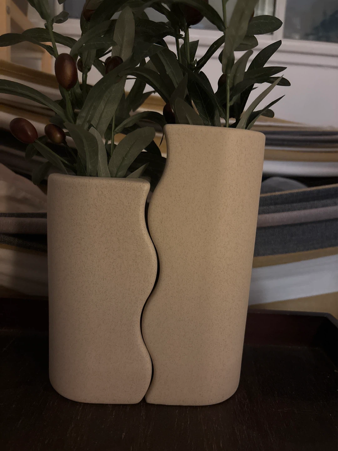 Set of 2 Beige Ceramic Vases with Olive Branches