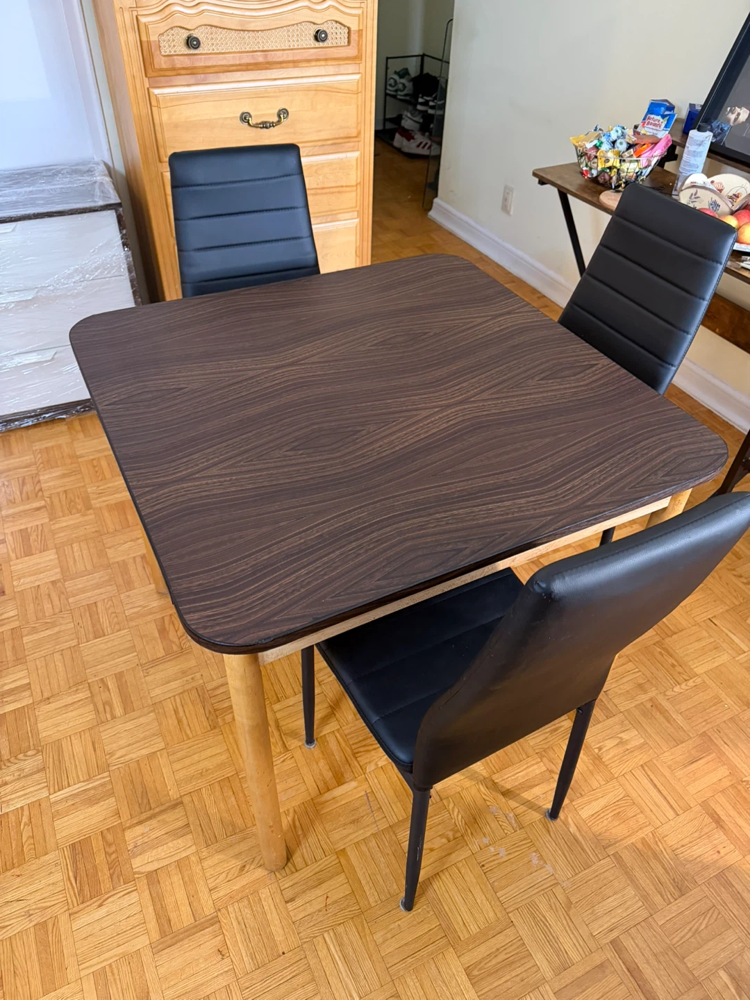Square Dining Table and 4 Black Chairs