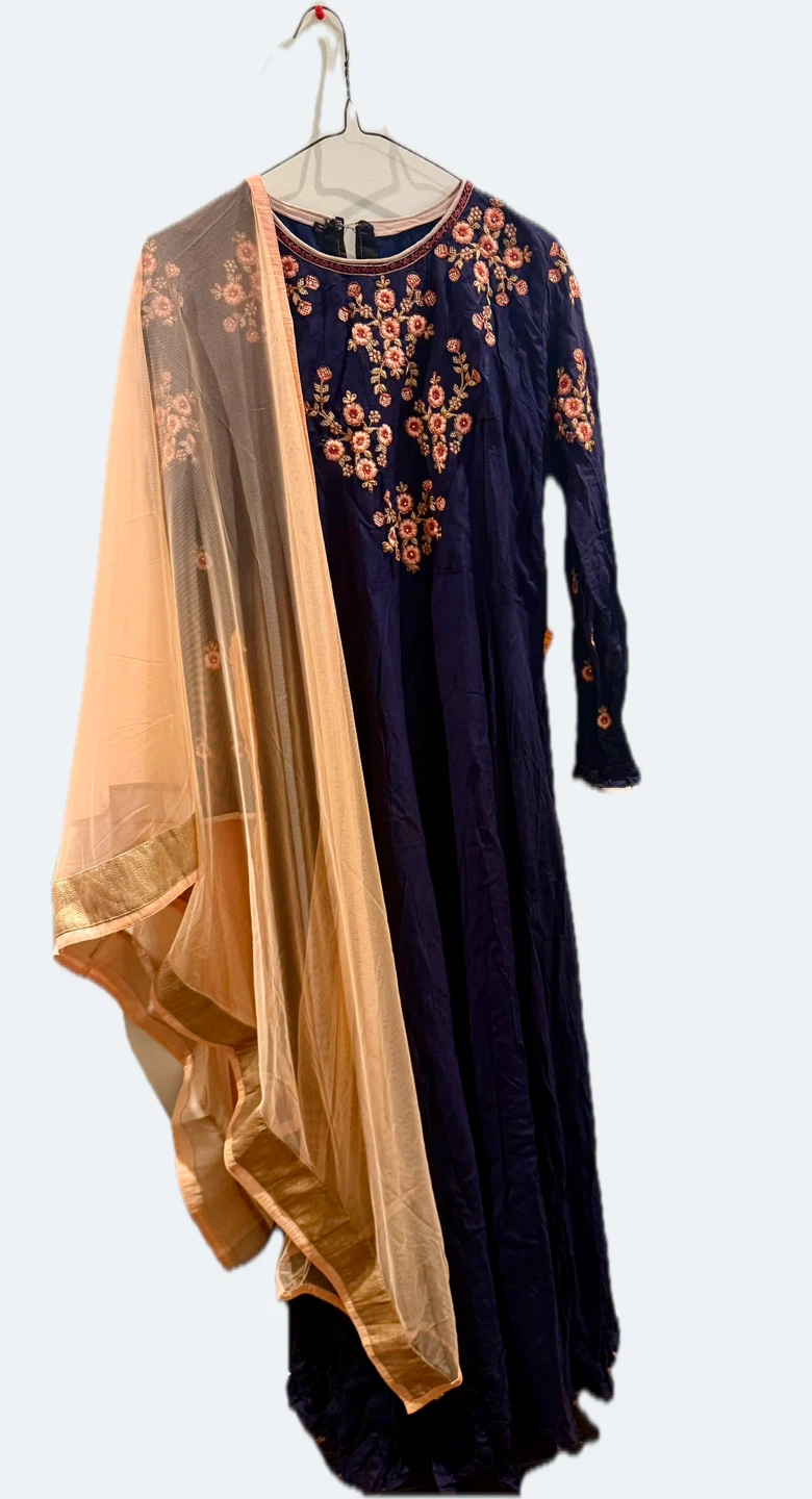 Embroidered Navy Blue Anarkali Suit with Orange Dupatta