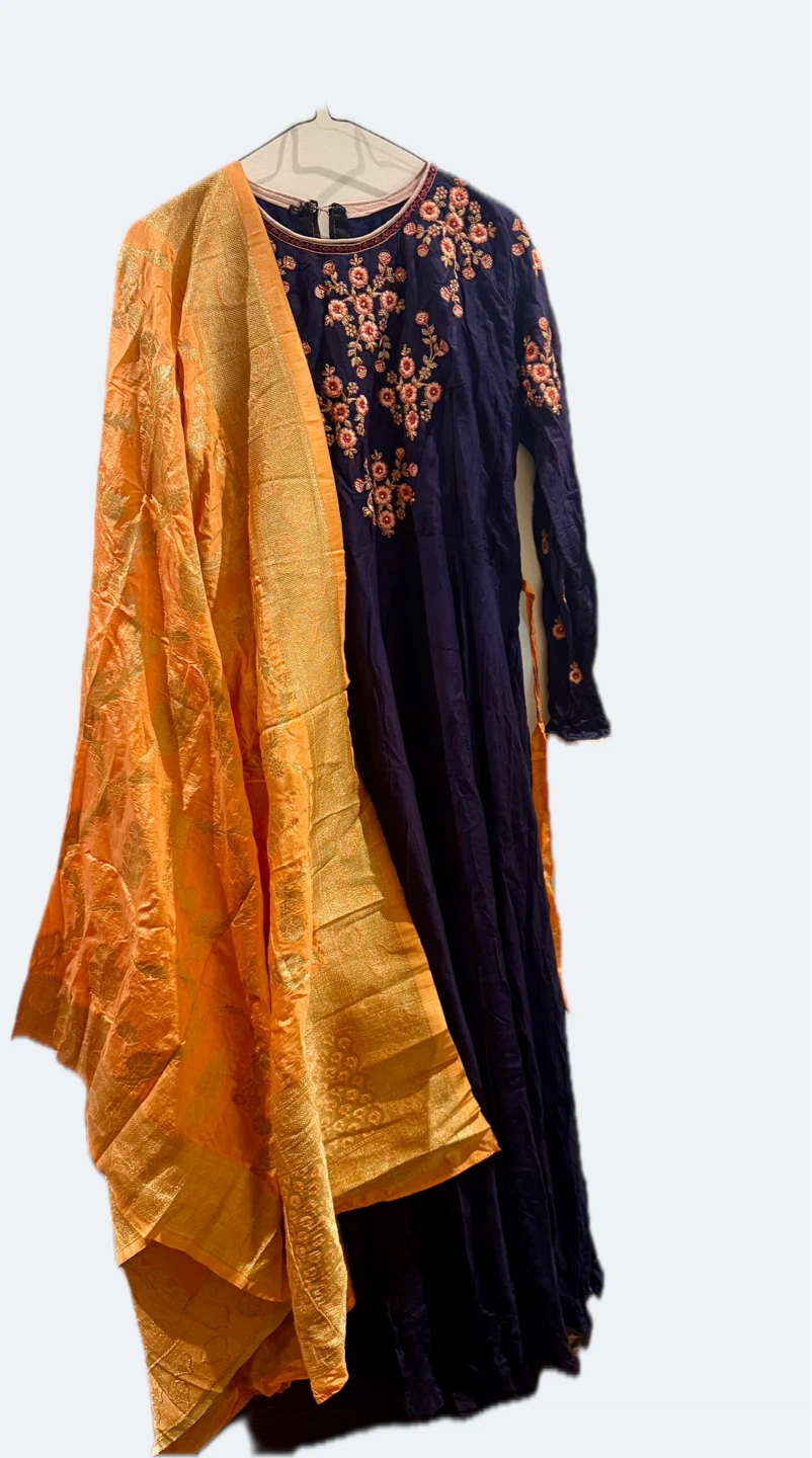 Embroidered Navy Blue Anarkali Suit with Orange Dupatta - photo 2