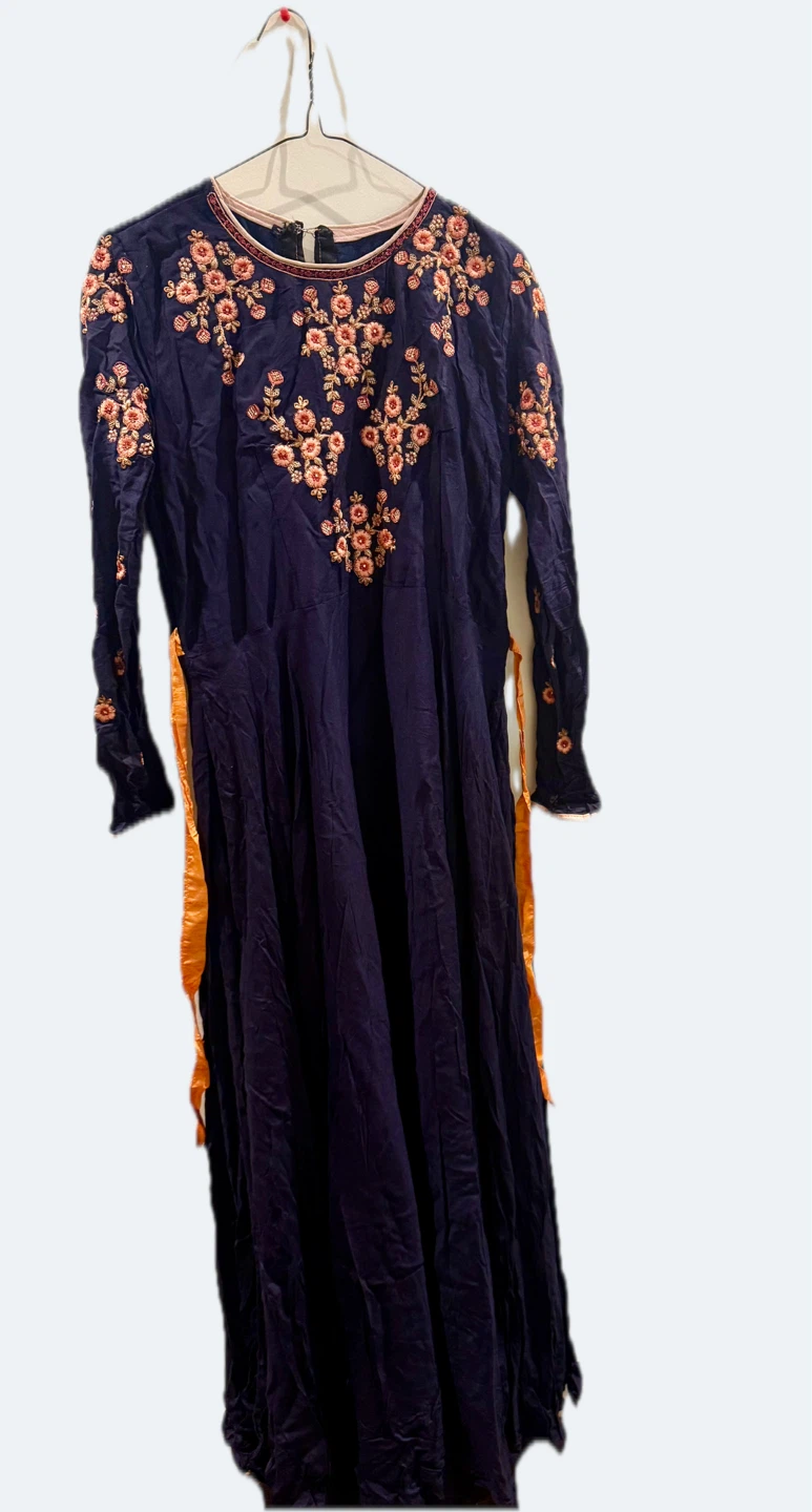 Embroidered Navy Blue Anarkali Suit with Orange Dupatta - photo 3