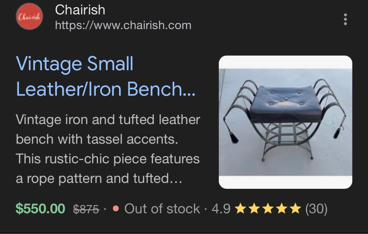 Vintage Tufted Leather and Iron Bench with Tassels - photo 5