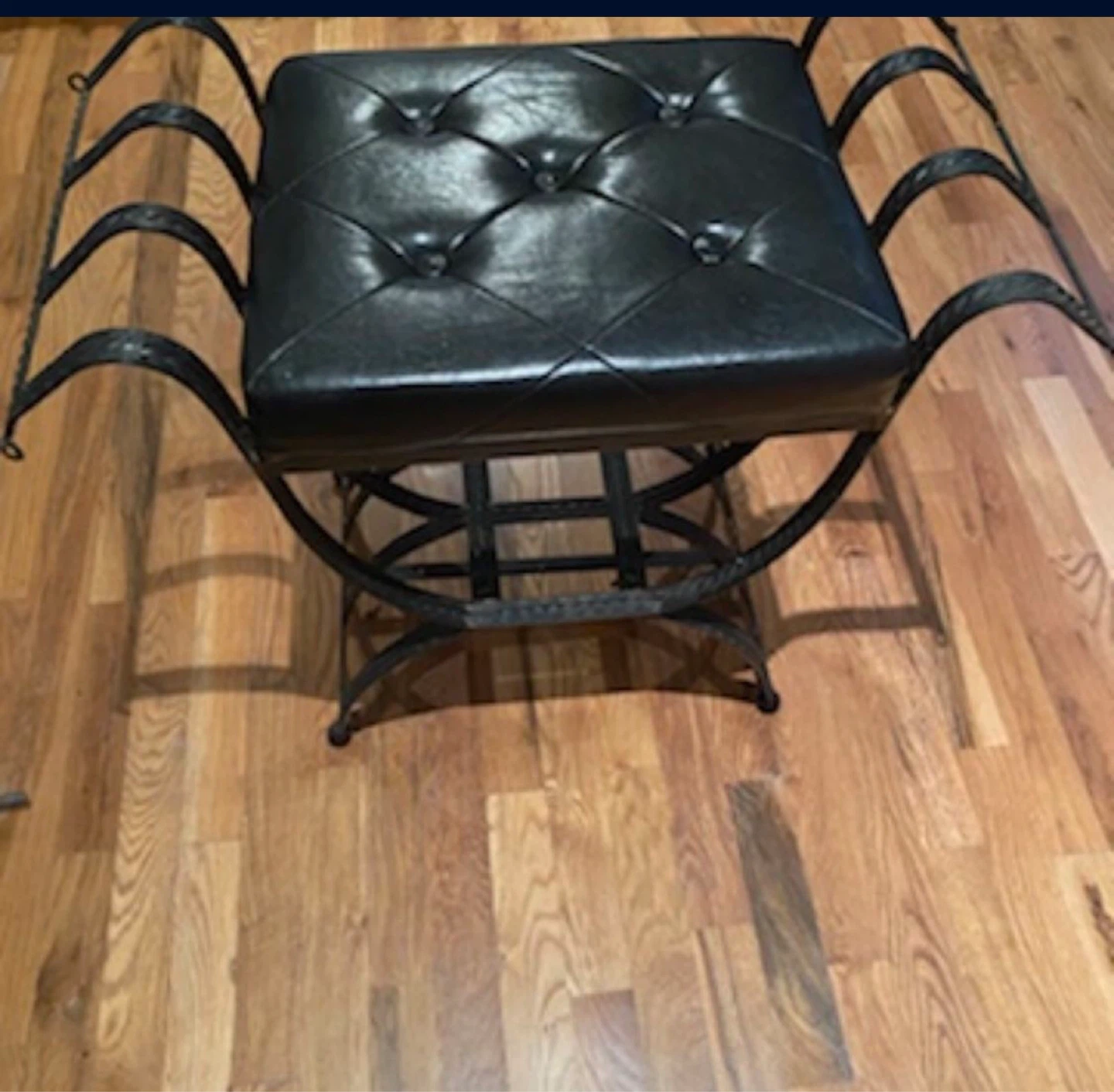 Vintage Tufted Leather and Iron Bench with Tassels - photo 4