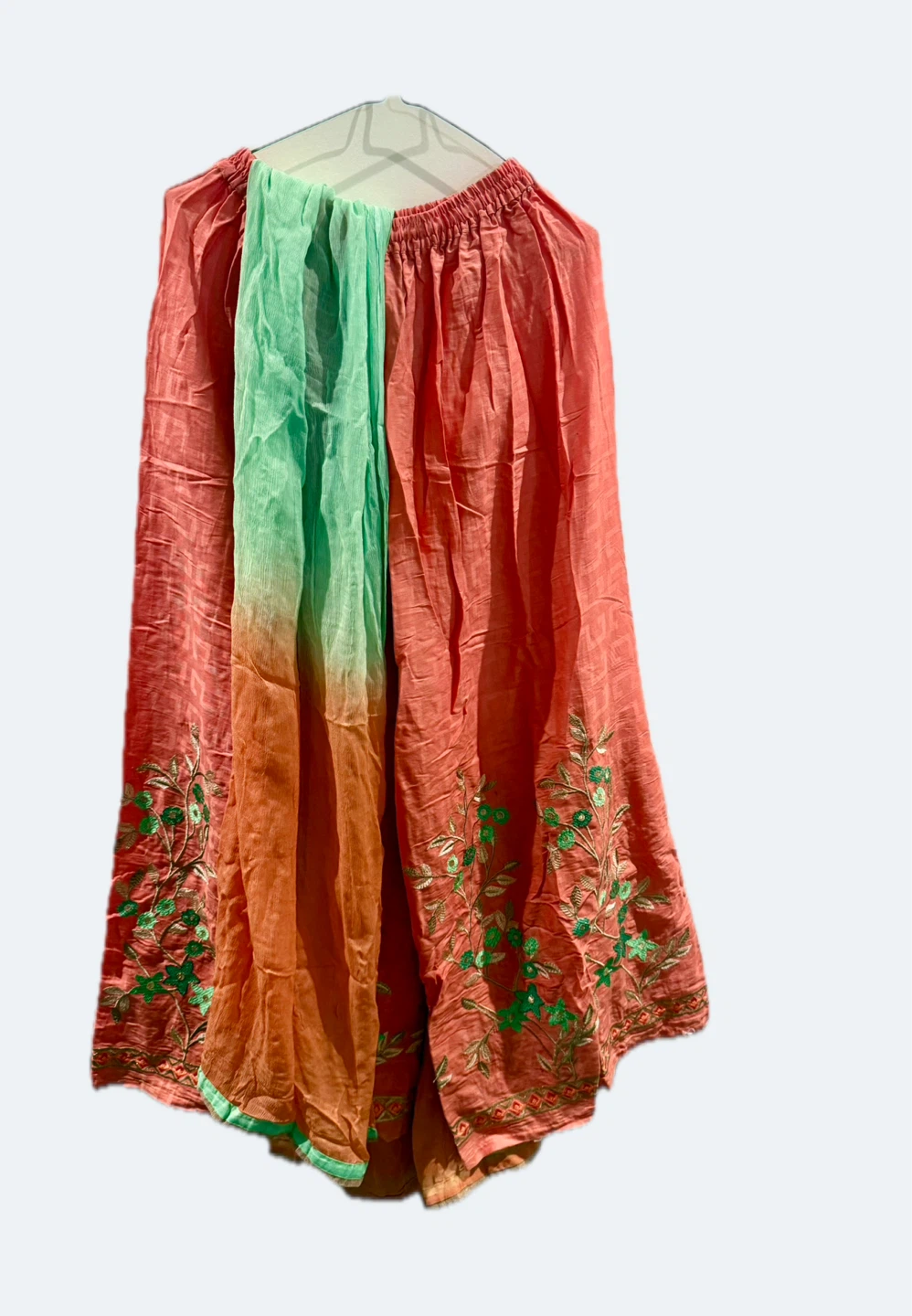 Orange and Green Embroidered Kurti Pants with Dupatta