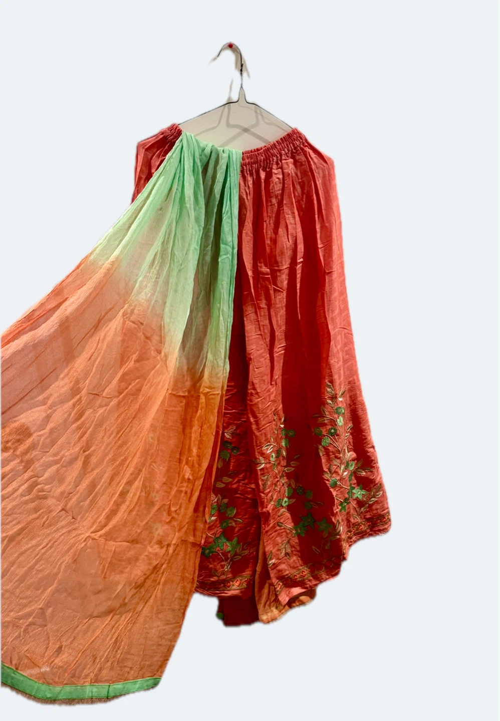 Orange and Green Embroidered Kurti Pants with Dupatta - photo 2