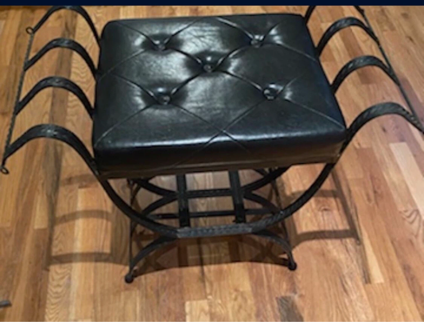 Vintage Tufted Leather and Iron Bench with Tassels