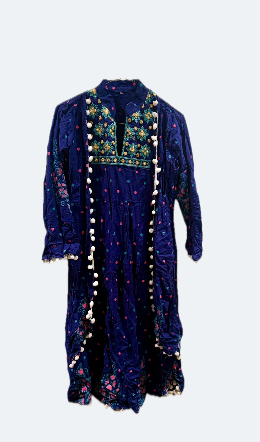Blue Embroidered Kurti with Pom-Pom Trim