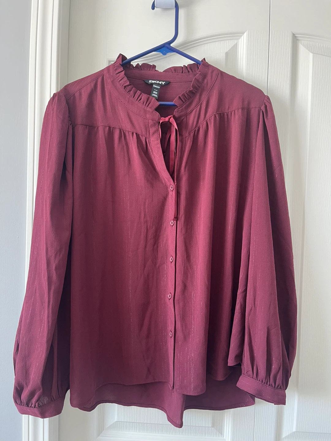 DKNY Burgundy Ruffle Neck Blouse - XX-Large