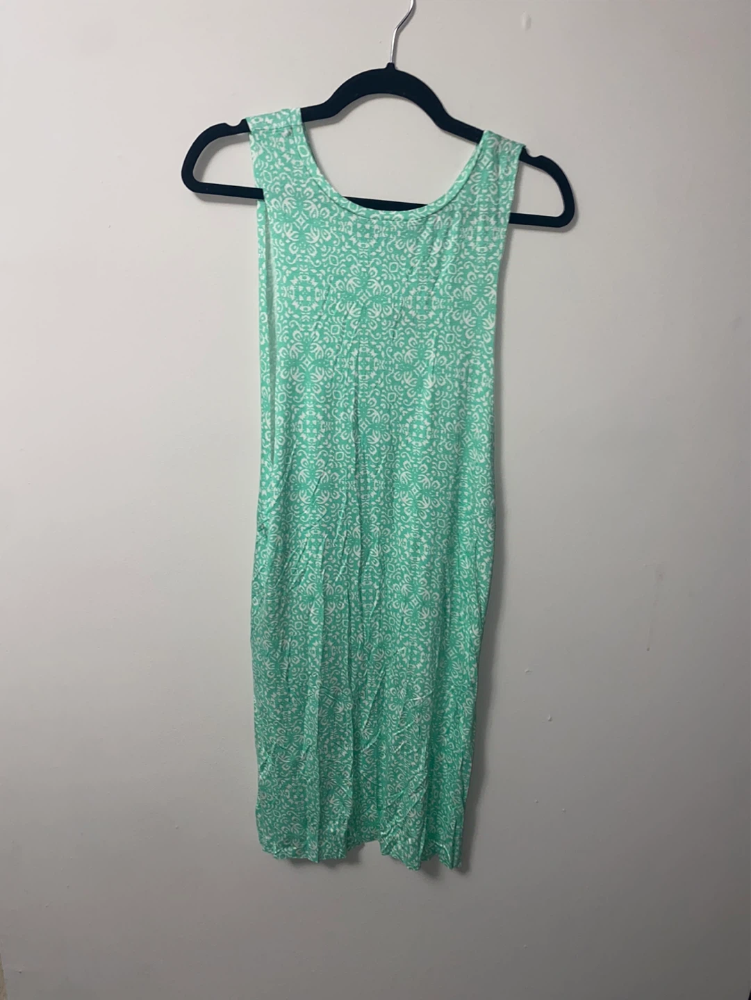 Green Sleeveless Tank Dress with White Pattern