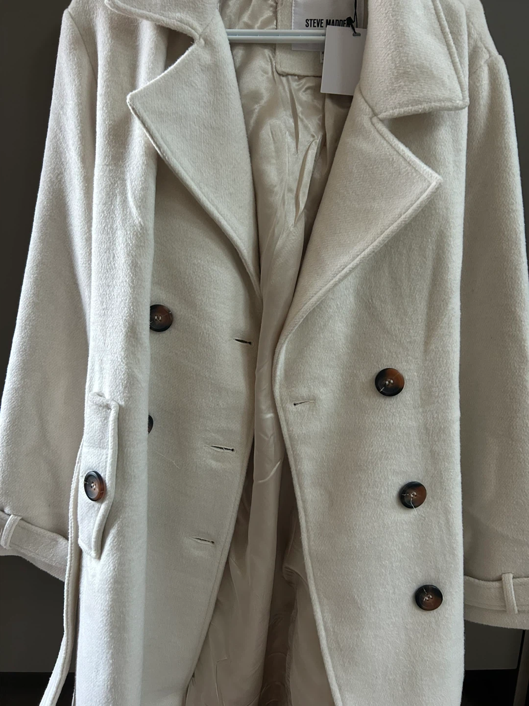 Steve Madden Cream Double-Breasted Wool Blend Coat