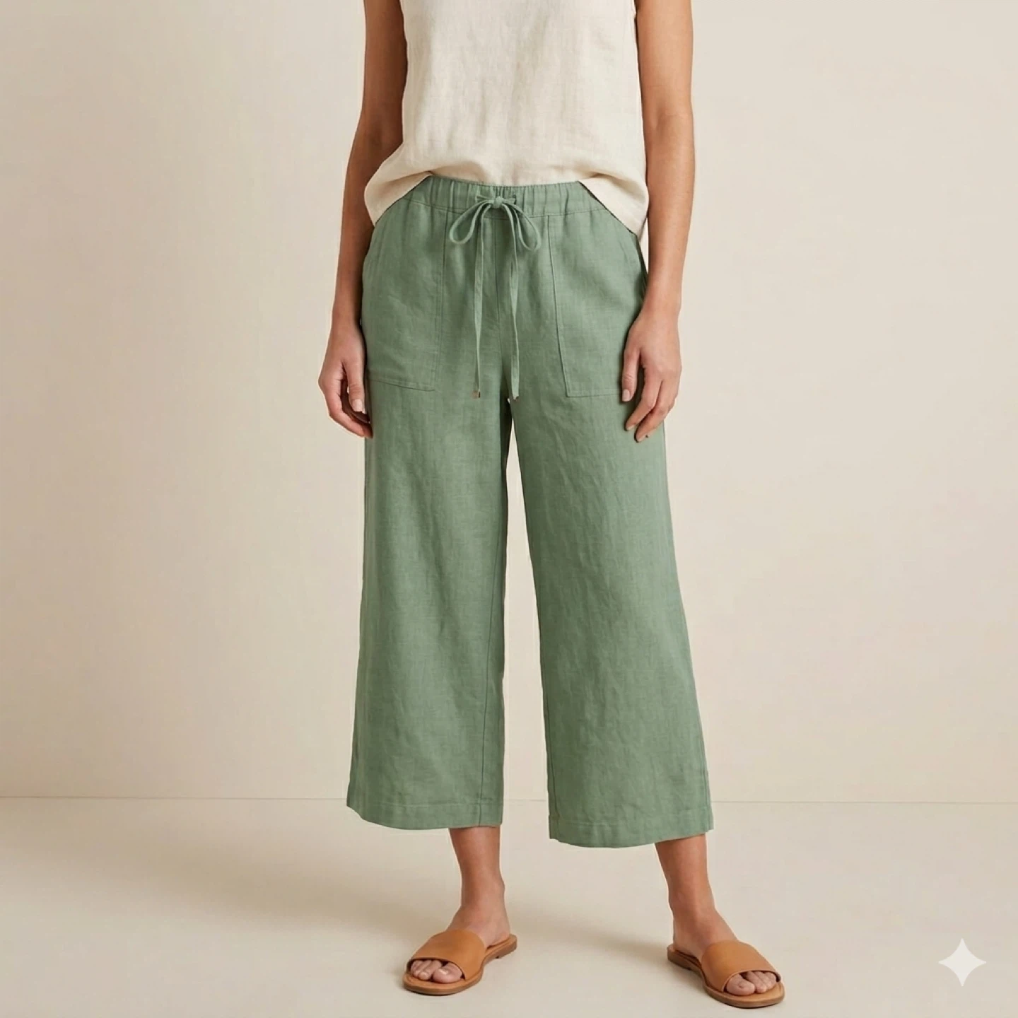MyStyle Sage Green Wide Leg Cropped Linen Pants Pull On Size 1X