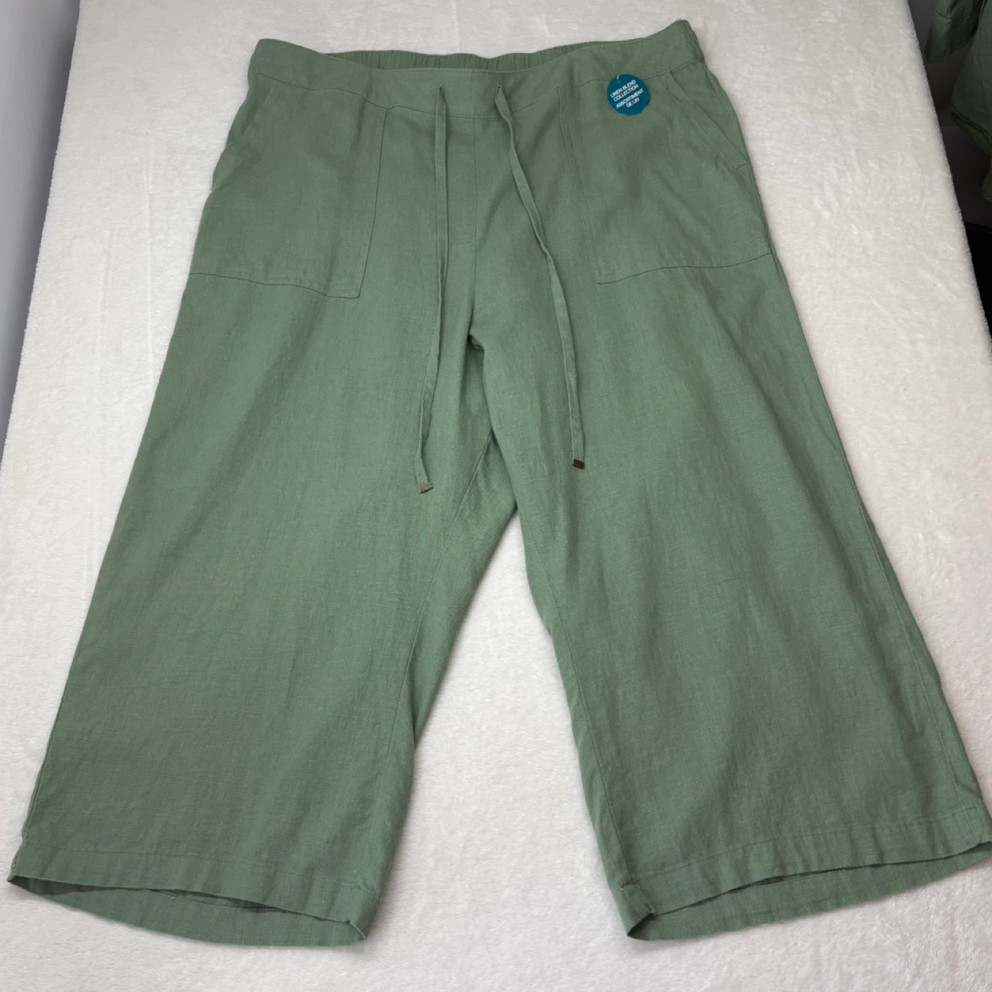 MyStyle Sage Green Wide Leg Cropped Linen Pants Pull On Size 1X - photo 2
