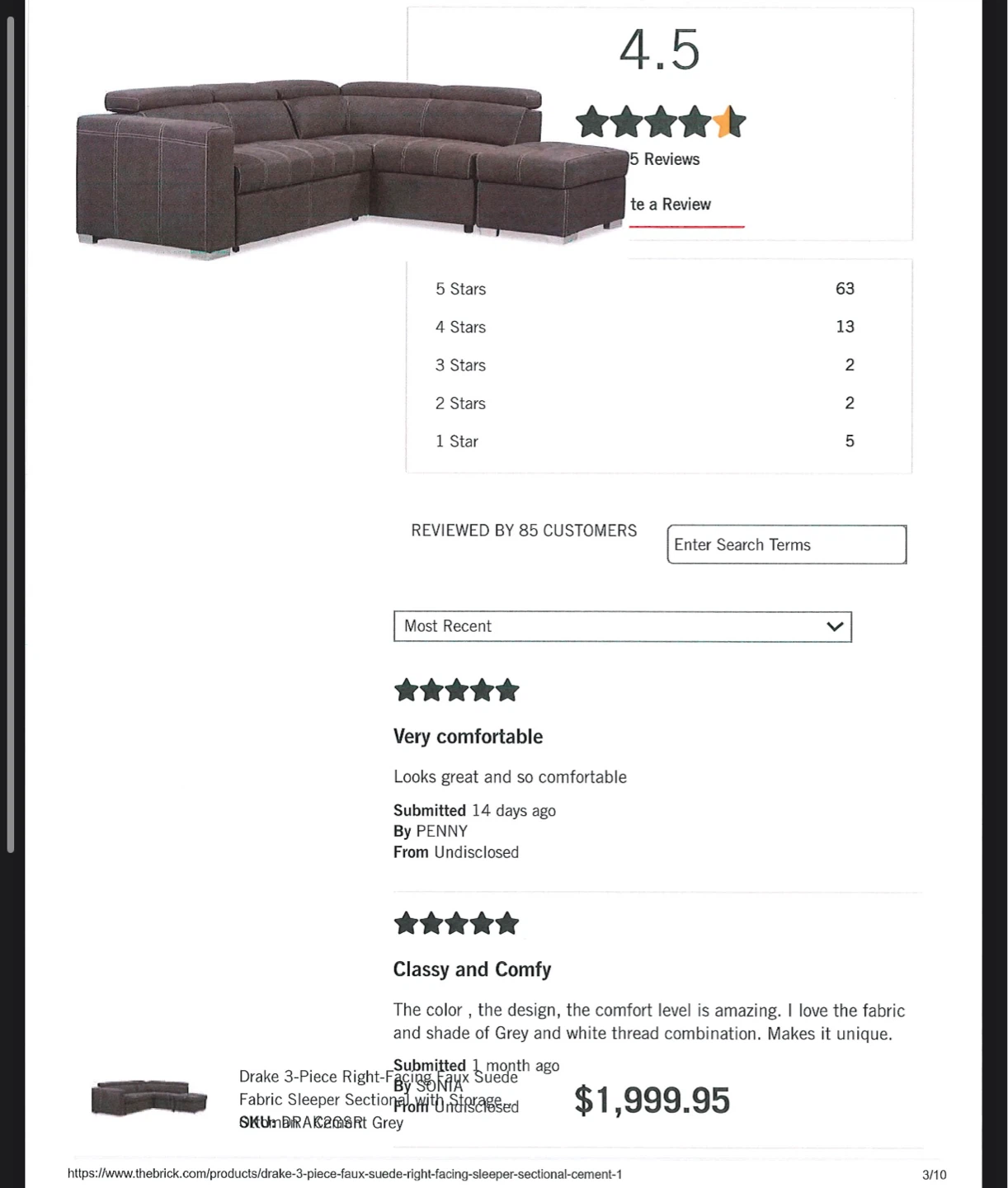 The Brick Drake 3-Piece Sectional Sofa - Grey