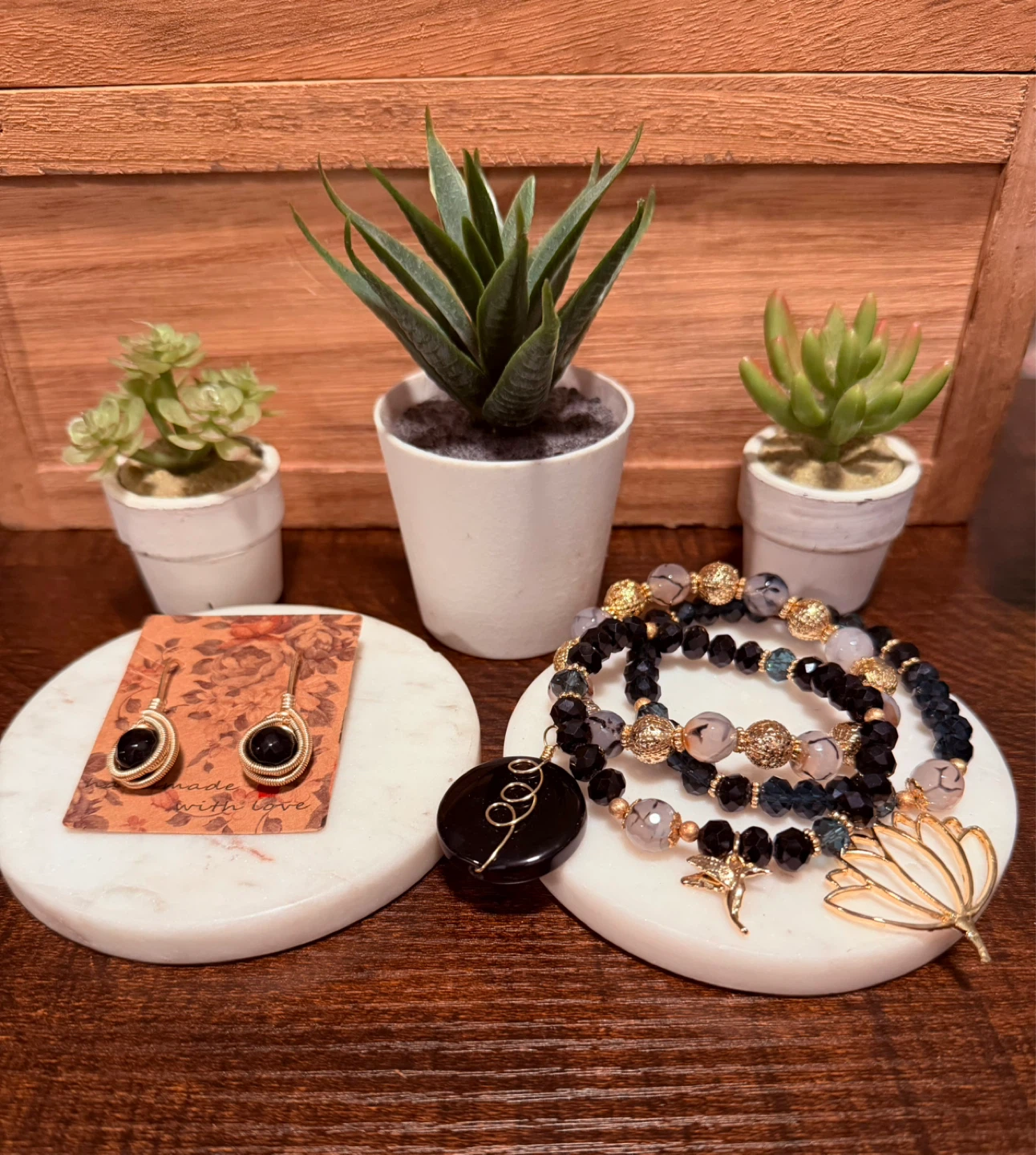 Black Stone Earrings and Beaded Bracelets Set with Charms