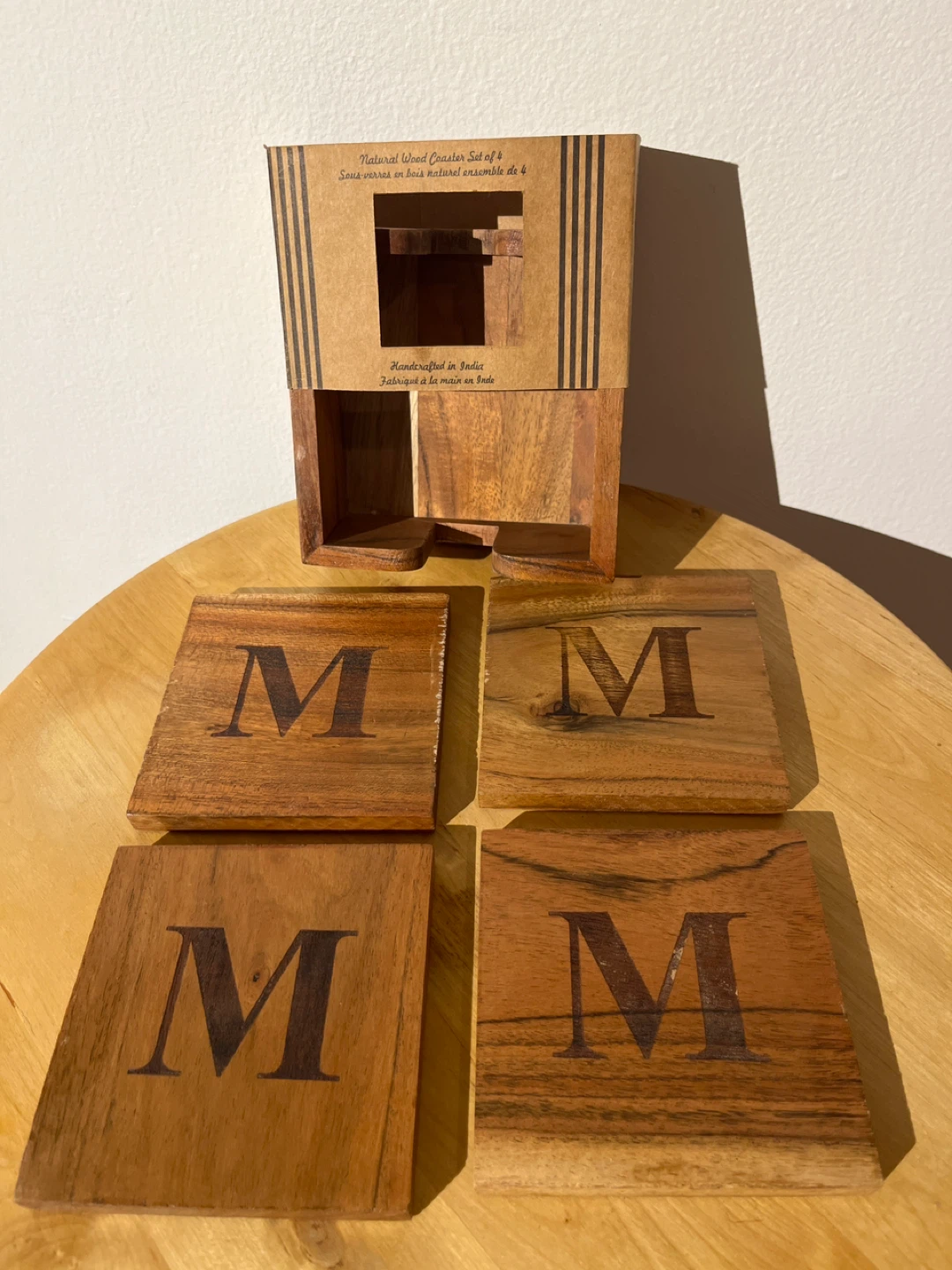 Wooden Coaster Set with "M" Monogram - Set of 4
