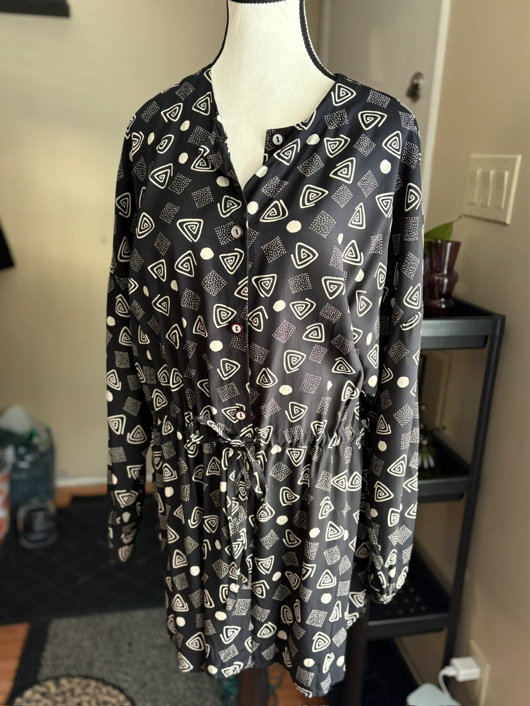 Vintage Geometric Print Dress with Tie Waist Tunic